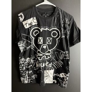 Southpole T-Shirt Men's S Bear Graphic Tee Crew Neck Grunge Distressed Black AOP